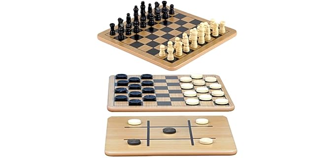 Regal Games - Reversible Wooden Board for Chess, Checkers & Tic-Tac-Toe - 24 Interlocking Wooden Checkers and 32 Standard Chess Pieces - for Age 8 to Adult for Family Fun