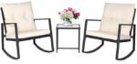 SUNCROWN 3 Piece Outdoor Rocking Bistro Set Black Wicker Furniture Porch Chairs Conversation Sets with Glass Coffee Table, Beige