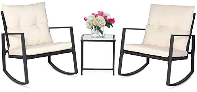 SUNCROWN 3 Piece Outdoor Rocking Bistro Set Black Wicker Furniture Porch Chairs Conversation Sets with Glass Coffee Table, Beige