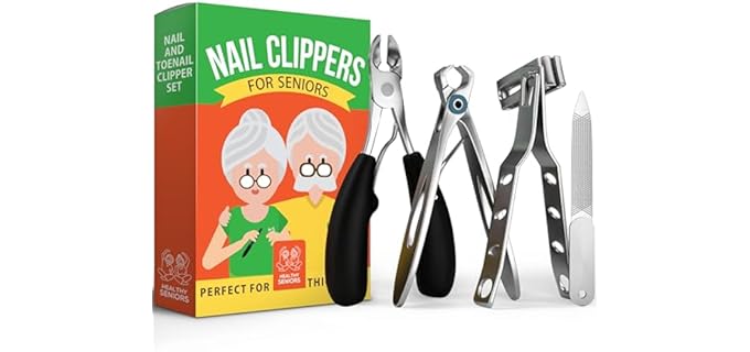 Toenail Clippers for Seniors Thick Toenails - 4-Piece Heavy Duty Nail Clipper Set with Podiatrist Grade Tools, Wide Jaw and Rotating Head Clippers for Elderly Adults
