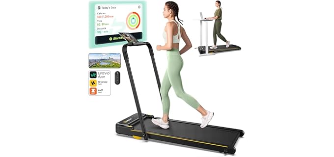UREVO Smart 2-in-1 Folding Treadmill, Compact Walking Pad with Safety Handle, Plug and Play, Dual LED Display, Workout APP, Walking or Running for Home Office, Remote Included