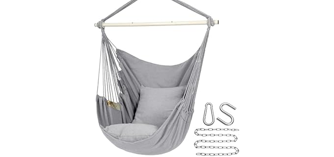 Y- STOP Hammock Chair Hanging Rope Swing Chair, Max 500 Lbs, 2 Seat Cushions Included, Removable Steel Spreader Bar with Anti-Slip Rings, Hardware kit-for Indoor or Outdoor(Light Grey)