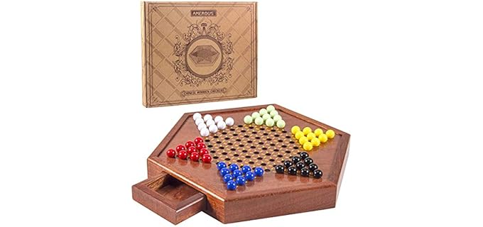 AMEROUS 12.5 inches Wooden Chinese Checkers Set with Storage Drawer - 60 Acrylic Marbles in 6 Colors - 12 Bonus Spare Marbles, Classic Strategy Family Board Game for Kids and Adults