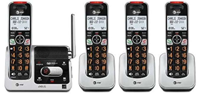 AT&T BL102-4 DECT 6.0 4-Handset Cordless Phone for Home with Answering Machine, Call Blocking, Caller ID Announcer, Audio Assist, Intercom, and Unsurpassed Range, Silver/Black