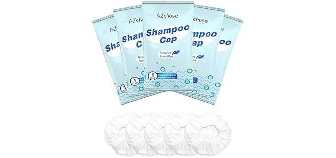 AZchose No Water Rinse Free Shampoo Caps for Camping & Home Care, Dry Hair Washing Caps for Adult & Elderly, Waterless Shampoo Shower Caps for Bedridden Patients, Microwaveable & Alcohol-Free, 5 Pack