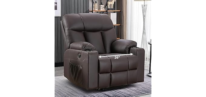 Bonzy Home Oversized Power Lift Recliner Chair for Elderly, Faux Leather Lift Chair with Heated and Massage, Extra Wide Single Sofa with 2 Cup Holders, Side Pockets, USB Port, Brown