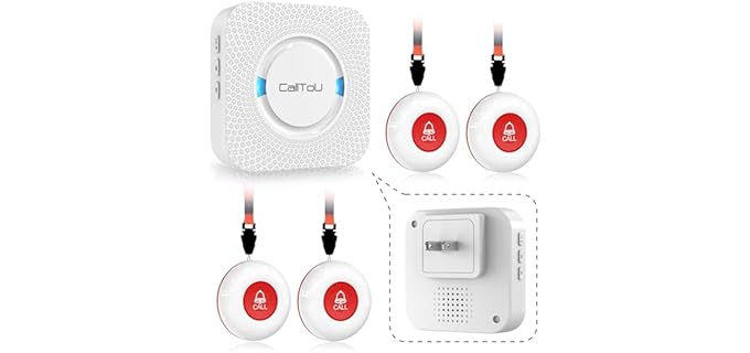 CallToU Caregiver Pager Wireless Call Button Smart Bell Alert System for Elderly Home Patient Seniors Nurse 4 Portable Waterproof Transmitters 1 Plugin Receiver