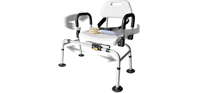 DMI FSA/HSA Eligible 360° Max Comfort Swivel Shower Chair for Elderly and Disabled, Extra-Wide 360lb Capacity Tub Transfer Bench, Non-Slip & Padded Arms, Bonus Adjustable Back Scrubber Included