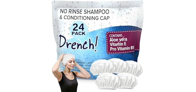 Drench No Water Hair Washing Cap - Waterless Shower Caps with Shampoo and Conditioner - Disposable Rinse Free Wash Aids - Ideal for Elderly and Disabled - Pack of 24