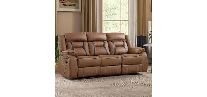 EBELLO Faux Leather Manual Reclining Sofa, 3 Seat Recliner Sofa Chair, Couch Furniture for Living Room, Furniture, Meeting Room, Brown (3 Seat Sofa)