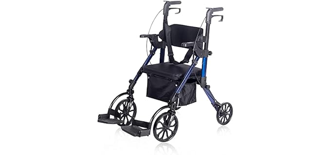 Elenker 2 in 1 Rollator Walker & Transport Chair, Folding Wheelchair Rolling Mobility Walking Aid with Seat Belt, Padded Seat and Detachable Footrests for Adult, Seniors (Blue)