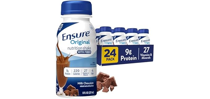 Ensure Original Milk Chocolate Nutrition Shake With Fiber | Small Meal Replacement Shake | Ready to Drink | 9g Protein, 27 Vitamins and Minerals | 8 fl oz - 24 Pack