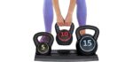 F2C 3-Piece Kettlebell Set with Storage Rack 5lb, 10lb, 15lb Weights HDPE Coated Concrete Kettlebells Core Training for Home Gym Exercise Fitness