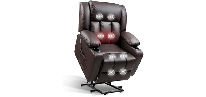 FLEXISPOT XL31 Power Lift Recliner Chair for Elderly, Electric Lift Chair with Massage & Heat, PU Leather Reclining Sofa w/Cup Holders, Side Pockets for Living Room Bedroom(Medium Size,Brown)