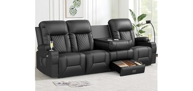 FURNIMAT Recliner Sofa, 4 Seater Dual Reclining Sofa with Flip Back Console, Modern PU Leather Recliner Couch for Living Room/RV, with Storage Drawer, USB Ports, Cup Holder, Cell Phone Holder, Black