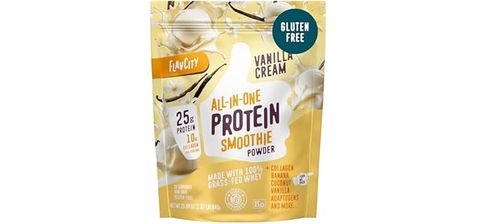 FlavCity Grass Fed Whey Protein Powder - Vanilla Smoothie - 25g Protein & 10g Collagen - Made with Real Vanilla Bean & Organic Coconut Milk - Gluten Free & No Added Sugars (20 Servings)