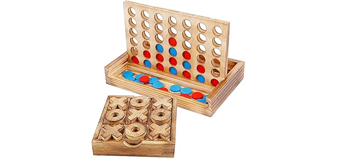 Glintoper Tic Tac Toe & 4 in a Row Table Games Set - Rustic Decor Wood Strategy Board Games for Families