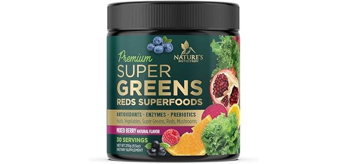Greens Powder Superfood Drink Mix - Green Whole Food Blend for Energy & Gut Health with Organic Wheat Grass, Spirulina, Chlorella, Digestive Enzymes Antioxidant & Probiotics, Berry Flavor, 30 Servings