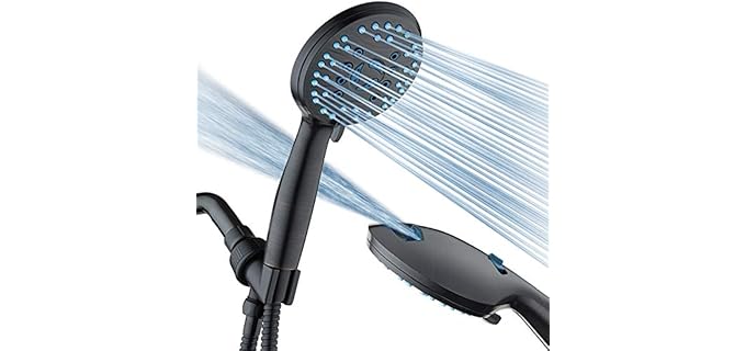 Hotel Spa AquaCare High Pressure 8-mode Handheld Shower Head - Anti-clog Nozzles, Built-in Power Wash to Clean Tub, Tile & Pets, Extra Long 6 ft. Stainless Steel Hose, Wall & Overhead Brackets