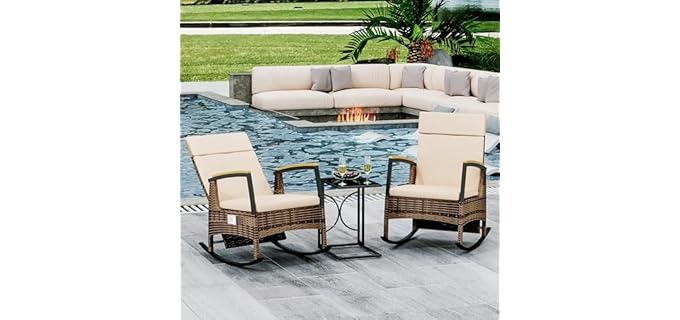 MAXXPRIME Outdoor Recliner Chair Set, Adjustable Patio Recliner with C Shaped Glass Top Side Table, Wicker Reclining Lounge Chairs, Rocking Chairs with Removable Cushions for Pool,Deck(Beige)