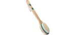 MainBasics Back Scrubber for Shower – Long Handle Dual-Sided Brush for Body Wash & Scrubbing with Exfoliating & Soft Bristles (Teal, Wood)