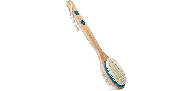 MainBasics Back Scrubber for Shower – Long Handle Dual-Sided Brush for Body Wash & Scrubbing with Exfoliating & Soft Bristles (Teal, Wood)