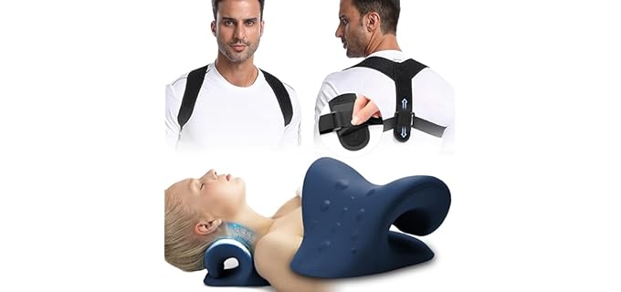 Neck Stretcher & Posture Corrector for Women and Men, FSA HSA Eligible, Cervical Traction for Spine Alignment, Adjustable Upper Back Brace & Elastic Support for Shoulder Back Pain Relief (Dark Blue)