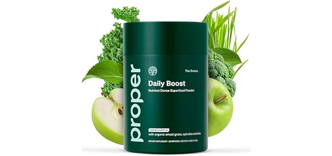 Proper, The Greens Daily Boost Organic Greens Powder. Whole Food, Apple Flavor Veggie Powder Superfood with Wheatgrass, Spirulina, Chlorella, Probiotics. Daily Drink Mix for Wellness and Digestion