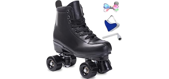 Roller Skates Women Men High-Top PU Leather Roller Skates Classic Double-Row Roller Skates Outdoor Indoor Quad-Skates with Light up Shoe Laces (Black Black Wheel, 45-US Men 11= Women 12)