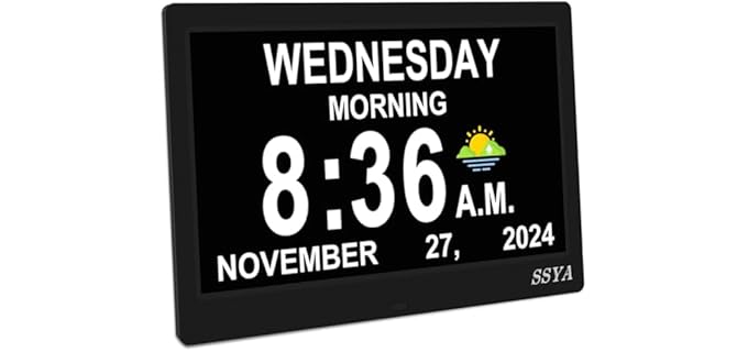 SSYA Dementia Clock for Seniors, Digital Clock with Date and Day of Week, Auto DST, Non-Abbreviated Large Calendar Alarm Clocks (Black)
