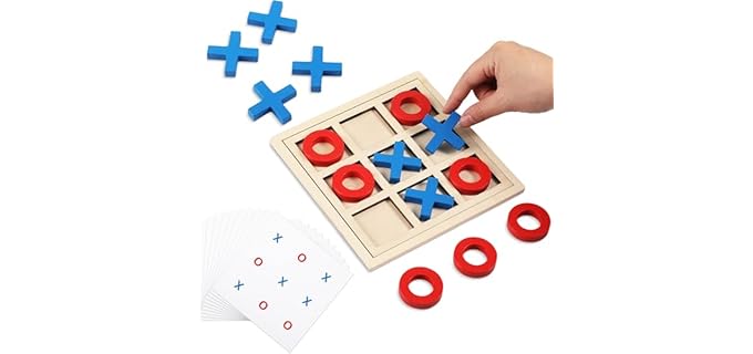 Seenelling Jumbo Wooden Tic Tac Toe Game Dementia Activities for Alzheimers Seniors with Matching and Puzzle Templates XO Chess Board Game for Elderly Engaging Table Decor(Blue, Red)