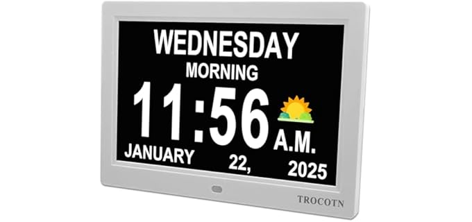 TROCOTN Dementia Clocks, Large Display Calendar Alarm Clock with Auto DST for Seniors, 5 Display Modes Large Font Digital Clock with Custom Alarms Day Date Clocks.(10 Inch White)