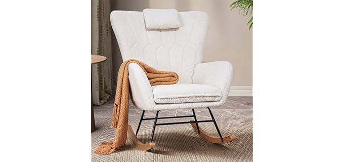 VECELO Rocking Chair Nursery with Thick Headrest, Modern Teddy Upholstered Reading Glider Rocker Accent Armchair with High Backrest, Padded Seat, Side Pocket, for LivingRoom, Bedroom, Baby Room, White