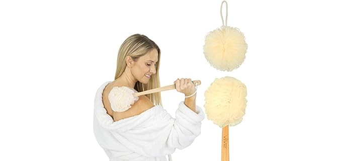 Vive 17” Shower Loofah with Long Handle - Exfoliating Back & Body Scrubber for Men & Women - Luffa Sponge on a Stick for Bathing, Cleaning - Includes Extra Handheld Lufa, Hook & String to Hang on Wall