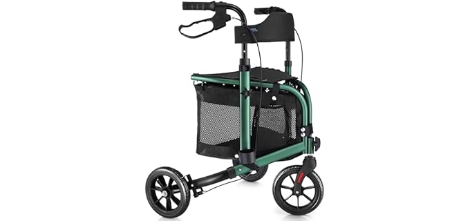 WALK MATE 3 Wheel Rollator Walker with Seat for Slim Seniors, Padded Backrest Lightweight Foldable Walker Ideal for Elderly, 8 Inch Tri-Wheel Modern Mobility Walking Aid Aluminum, Green