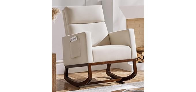 Yaheetech Rocking Chair, Modern Glider Chair, Recliner Armchair with Wood Legs and Side Pocket, Nursery Rocking Accent Chair with High Back for Living Room Bedroom, Beige