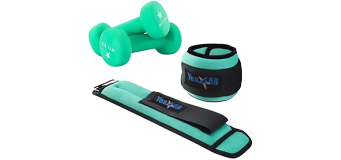 Yes4All Workout Weights Sets, Ankle Weights (2.5lbs Pair) with Adjustable Strap and Neoprene Coated Dumbbell Hand Weights (5lbs Pair) - for Women & Men in Running, Aerobics, Cardio Routine - Green