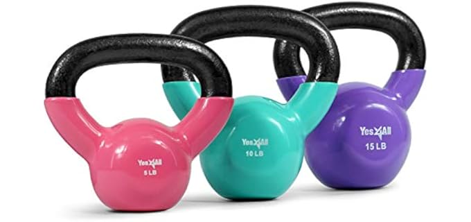 Yes4All Kettlebells 5 10 15 lbs Set Weight Vinyl Coated Cast Iron for Dumbbell Weights Exercises, Gym, Fitness, Full Body Workout Equipment Push up, Grip and Strength Training, Multicolor