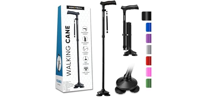 HONEYBULL Walking Cane for Men & Women, Foldable, Free Standing Cane, Black | Adjustable Height, Collapsible Design, Heavy-Duty, Pivot Base for Stable Support, Ergonomic Handle