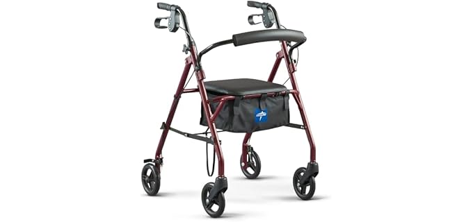 Medline Steel Rollator Walker with Seat, Burgundy, 350 lb. Weight Capacity, 6” Wheels, Foldable, Adjustable Handles, Rolling Walker for Seniors, Walker for Mobility Impaired