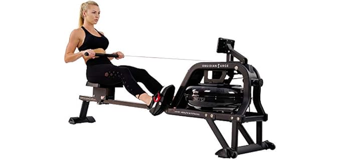 Sunny Health & Fitness Obsidian Surge Water Rower for Home Cardio | 16-Blade Water System, Dynamic Resistance, 17